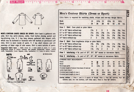 1950's Simplicity Men's Button up Contour Shirt with Chest pockets and Two Sleeve lengths - Chest 34" - No. 3875