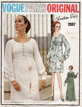 1960's Vogue Paris Original One Piece Empire Waist Dress Pattern with Long Sleeves - Christian Dior - Bust 34" - No. 2087