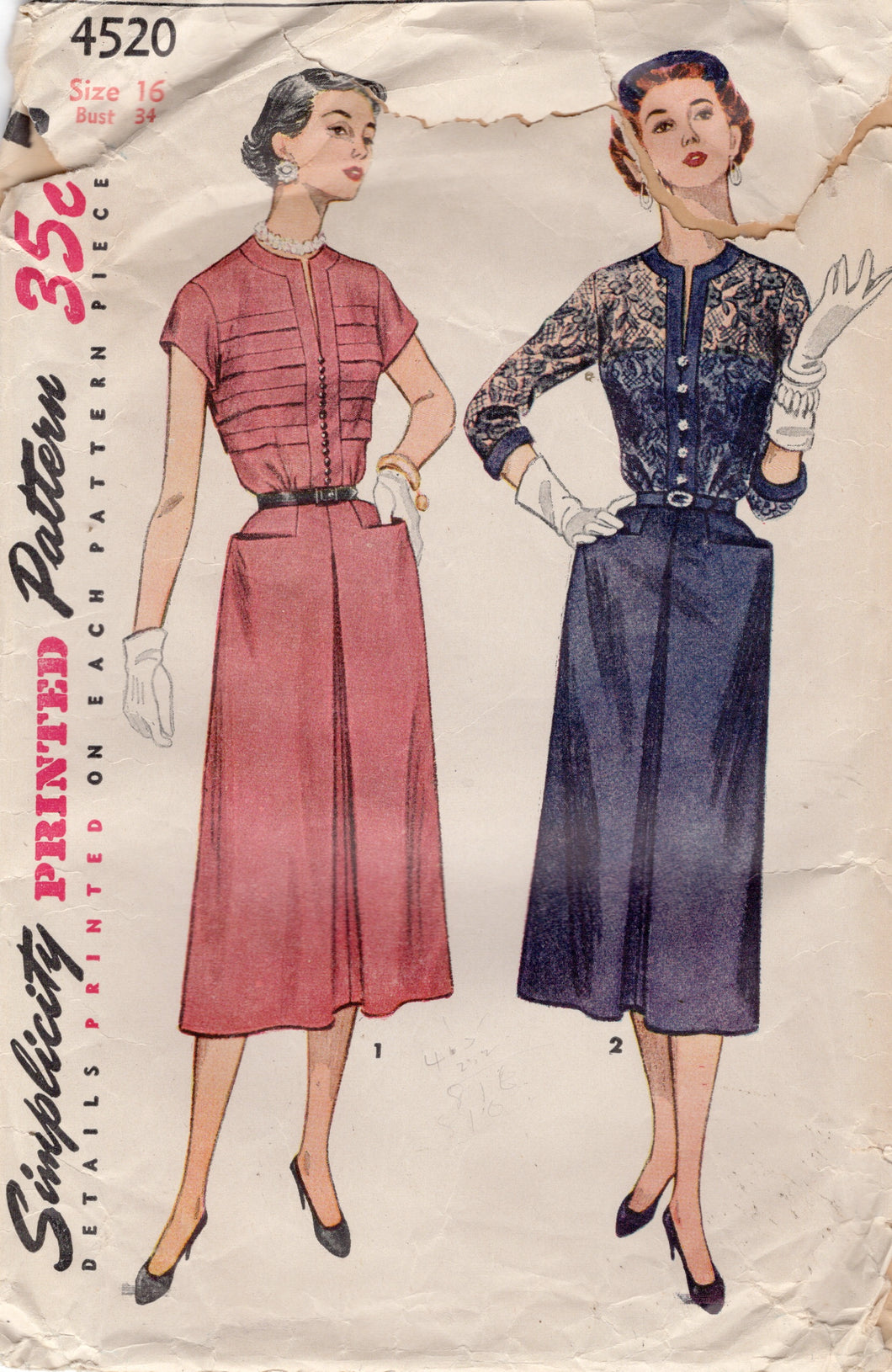 1950's Simplicity One Piece Dress with pockets and Two sleeve lengths - Bust 34