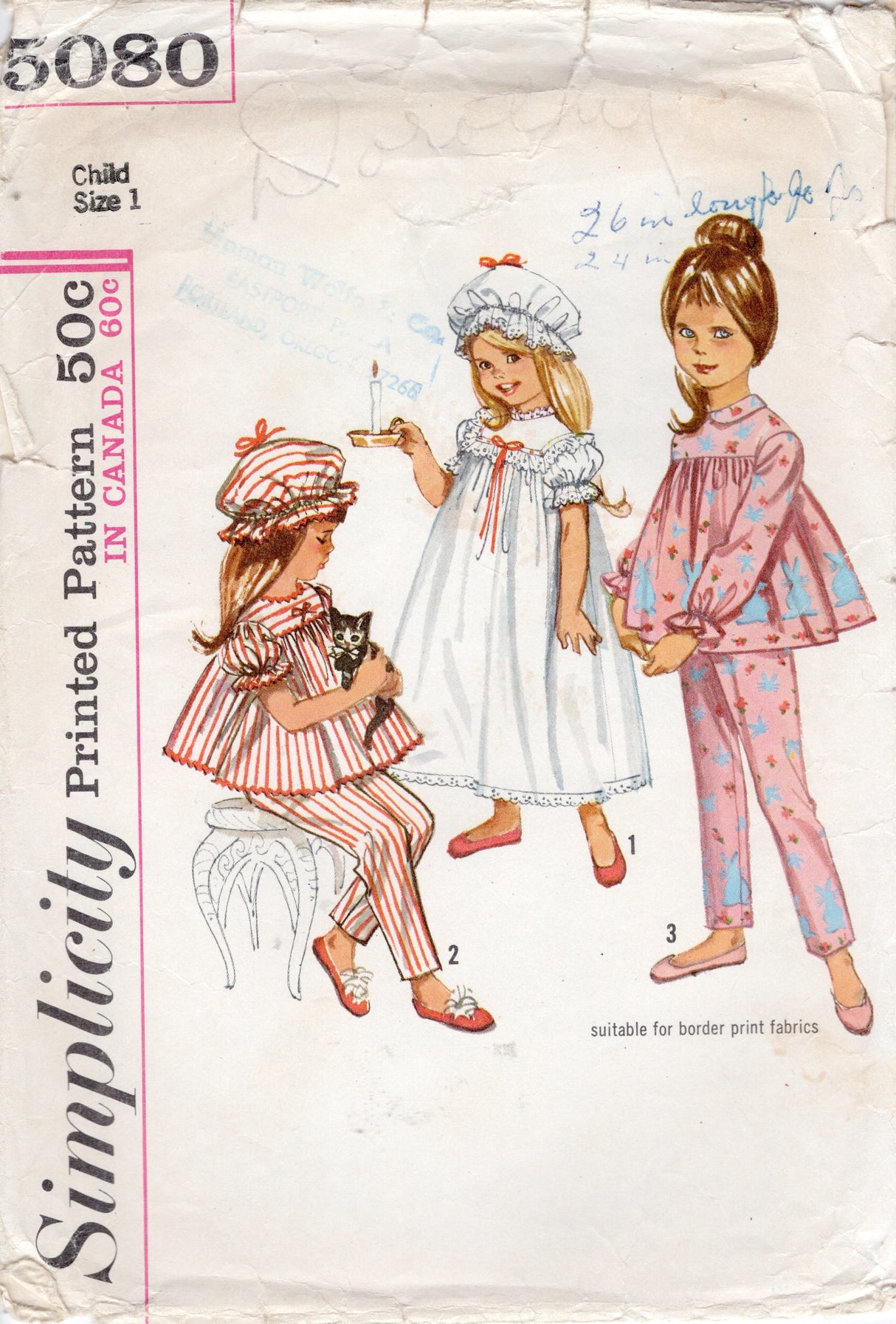 1960's Simplicity Child's Two Piece Pajama, Nightgown and Cap Pattern - Chest 20" - No. 5080
