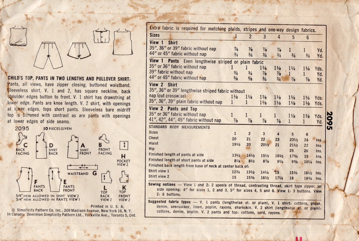 1950's Simplicity Child's Top, Pants and Pullover Shirt Pattern - Chest 22" - No. 2095