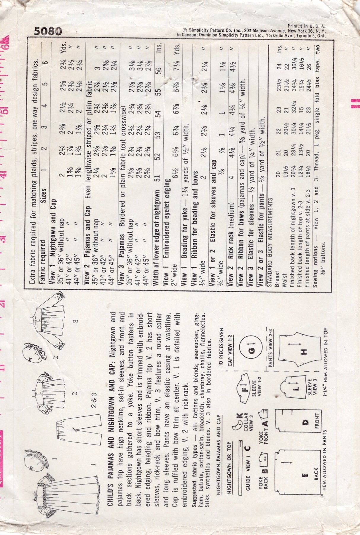1960's Simplicity Child's Two Piece Pajama, Nightgown and Cap Pattern - Chest 20" - No. 5080