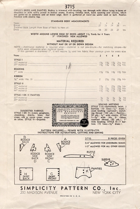 1940's Simplicity Child's Triangular Yoke Dress Pattern with Puff Sleeves - Chest 24" - No. 3715