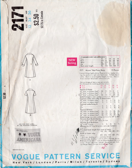 1960's Vogue Americana One Piece A-line Dress by Chuck Howard - Bust 34" - No. 2171