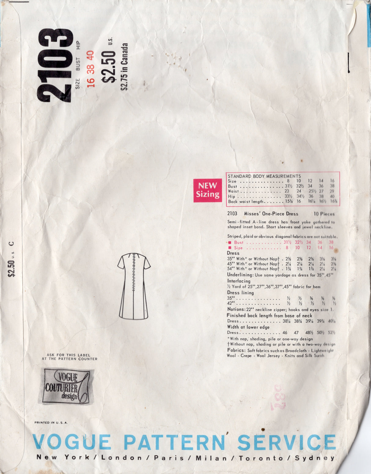 1960's Vogue Couturier Design One Piece A-line Yoked Dress by Sybil Connoly - Bust 38" - No. 2103