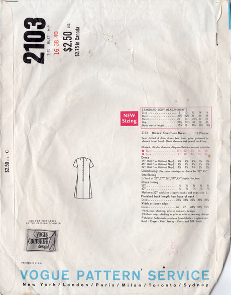 1960's Vogue Couturier Design One Piece A-line Yoked Dress by Sybil Connoly - Bust 38" - No. 2103