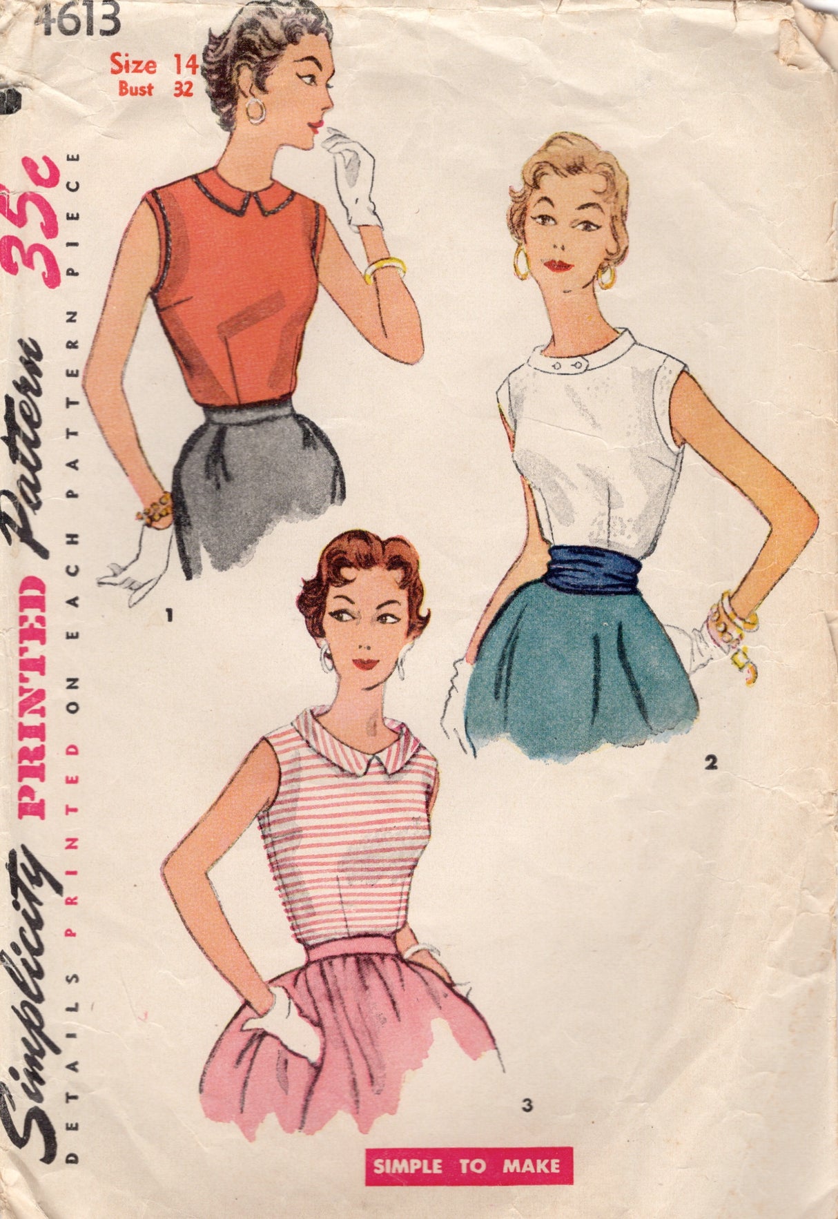 1950’s Simplicity High or Boat Neck Blouse Pattern - Bust 32" - No. 4613