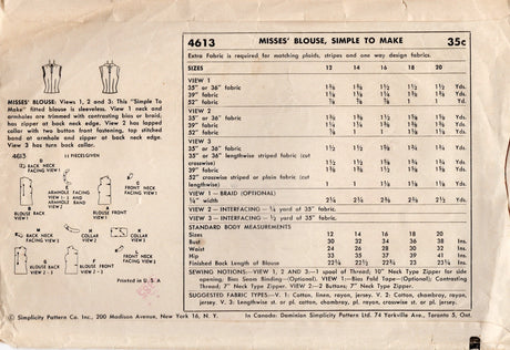 1950’s Simplicity High or Boat Neck Blouse Pattern - Bust 32" - No. 4613