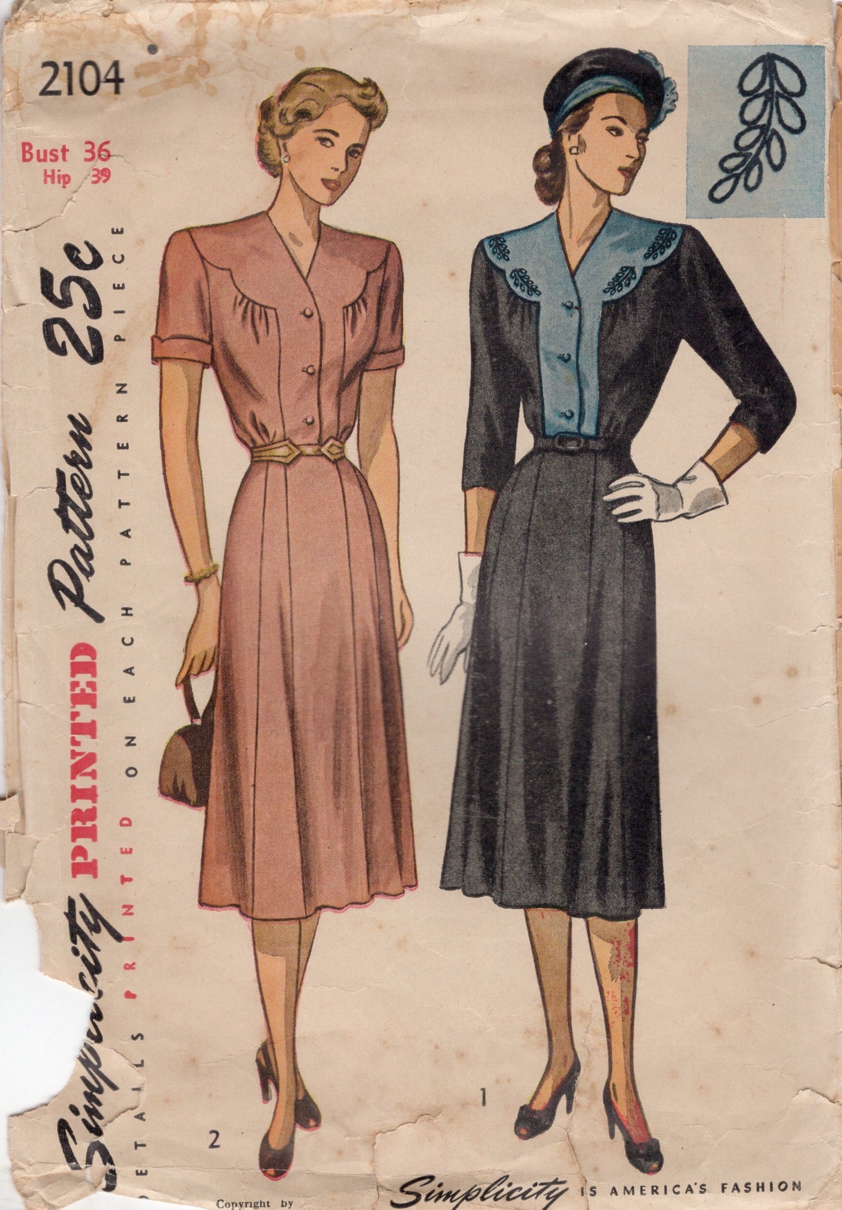 1940's Simplicity One Piece Dress with Scallop Yoke detail - Bust 36" - No. 2104