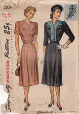 1940's Simplicity One Piece Dress with Scallop Yoke detail - Bust 36" - No. 2104