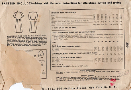 1940's Simplicity One Piece Dress with Scallop Yoke detail - Bust 36" - No. 2104