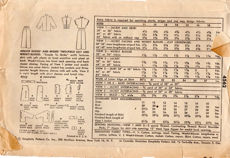 1950's Simplicity Two-Piece Suit and Weskit Vest Pattern - Bust 36" - No. 4562