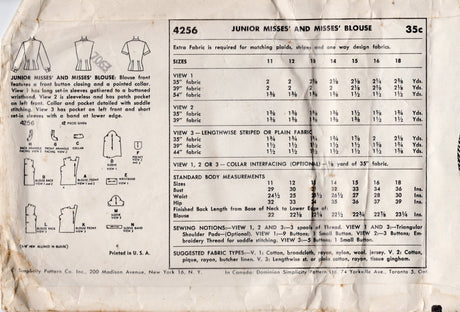 1950's Simplicity Button-up Blouse Pattern - Bust 36" - No. 4256