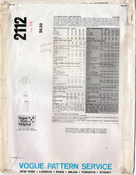 1970's Vogue Paris Original Men's Three Piece Suit Pattern by Givenchy - Chest 38" - No. 2112