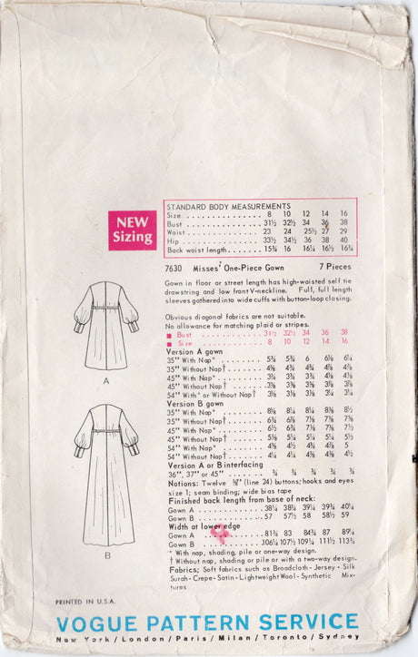 1960's Vogue Deep V-Neck Gown Pattern in Two Lengths - Bust 34" - No. 7630
