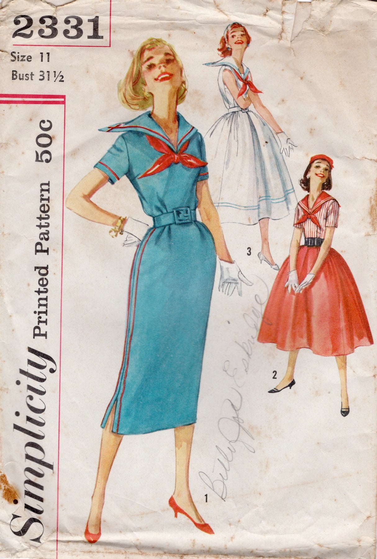 1950's Simplicity Sailor Collar Sheath or Fit and Flare Dress Pattern - Bust 31.5" - No. 2331