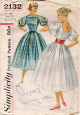 1950's Simplicity Boat Neckline Fit and Flare Dress Pattern with Puff, Bouffant Sleeve and Low Square Back - Bust 31.5" - No. 2132