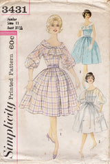 1960's Simplicity Boat Neckline Fit and Flare Dress Pattern with 3/4 Puff Sleeve - Bust 31.5" - No. 3431