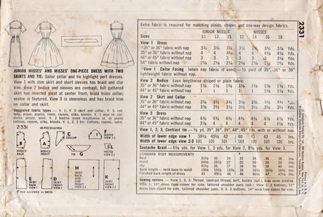1950's Simplicity Sailor Collar Sheath or Fit and Flare Dress Pattern - Bust 31.5" - No. 2331