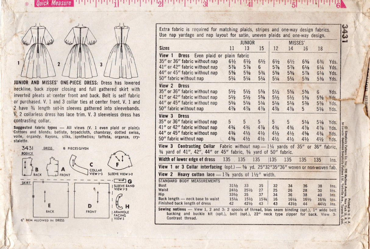 1960's Simplicity Boat Neckline Fit and Flare Dress Pattern with 3/4 Puff Sleeve - Bust 31.5" - No. 3431