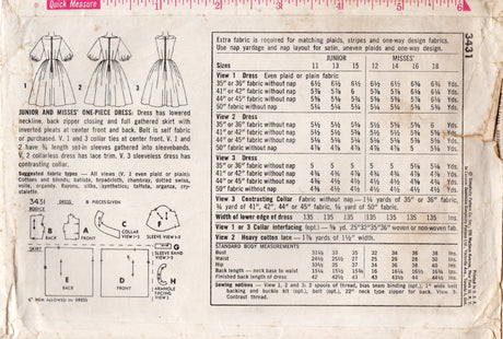 1960's Simplicity Boat Neckline Fit and Flare Dress Pattern with 3/4 Puff Sleeve - Bust 31.5" - No. 3431