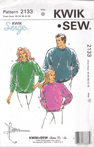 1990's Kwik Sew Unisex Crew neck Pullover Sweater with Raglan Sleeves - Chest 34-36-38-40-42-44-46