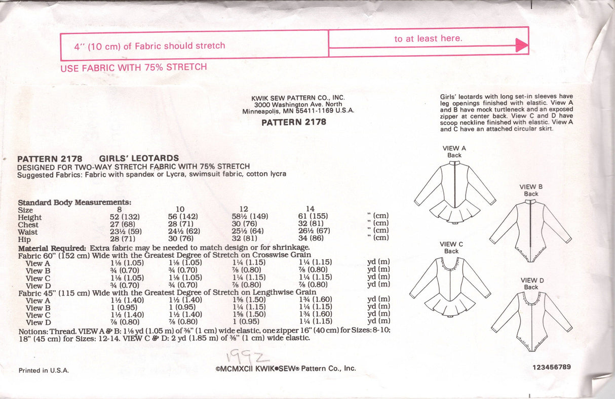 1990's Kwik Sew Child's Set of Leotards Pattern with Skirt option  - Chest 27-32" - No. 2178