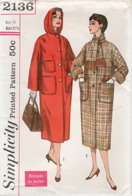 1950's Simplicity Long Coat with Hood and Attached Scarf - Bust 31.5