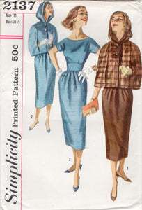 1950's Simplicity One-Piece Fitted Waist Dress and Hooded Capelet - Bust 31.5" - No. 2137