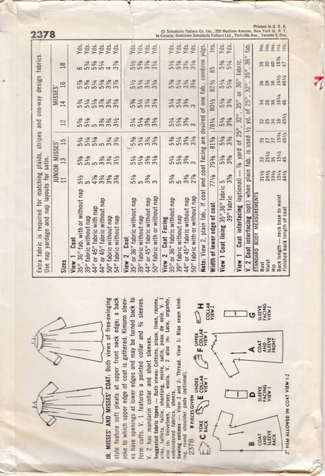 1950's Simplicity Swing Coat Pattern with Gathered Back - Bust 31.5" - No. 2378