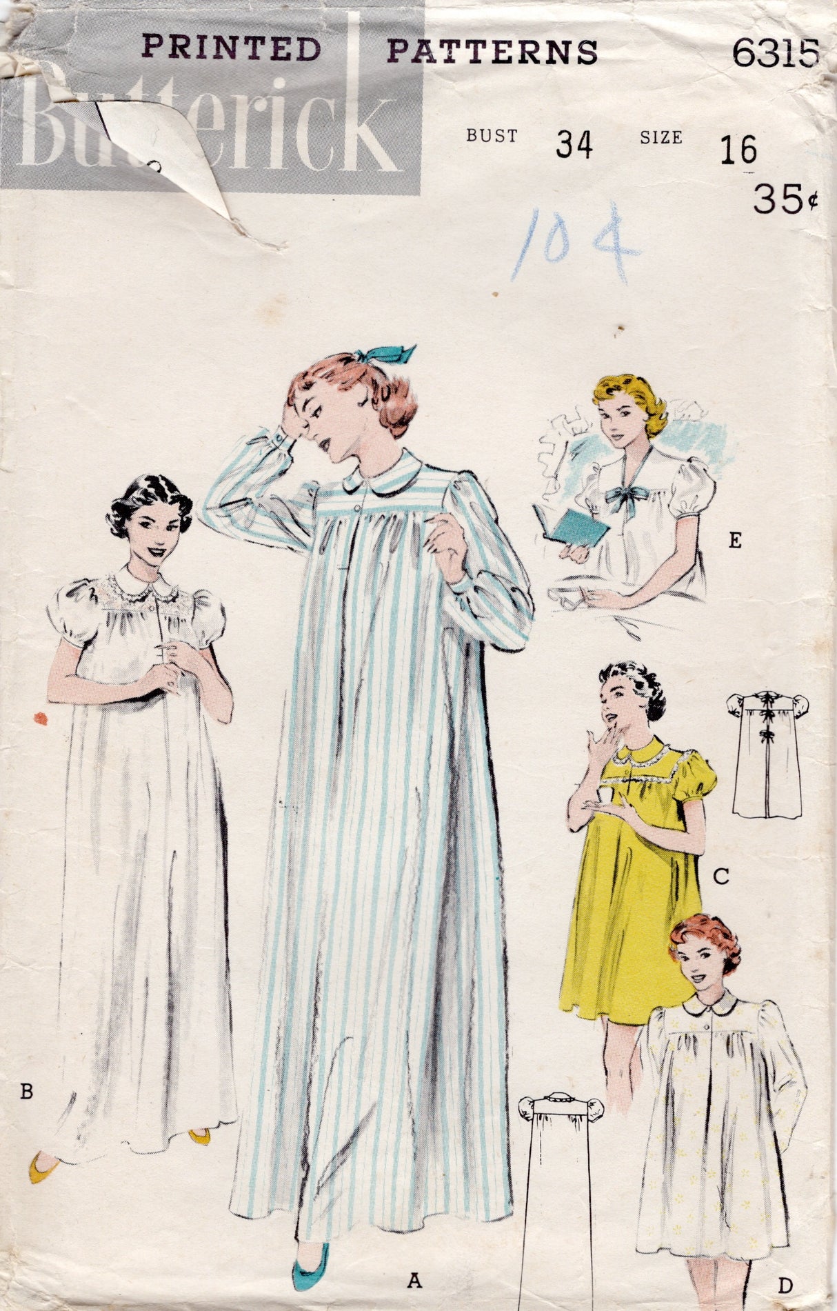 1950's Butterick Nightgown or Hospital Gown Pattern - Bust 34" - No. 6315