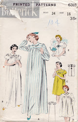 1950's Butterick Nightgown or Hospital Gown Pattern - Bust 34" - No. 6315