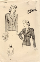 1940's Butterick Single Breasted Jacket Pattern - Bust 34" - No. 2144