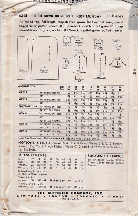 1950's Butterick Nightgown or Hospital Gown Pattern - Bust 34" - No. 6315