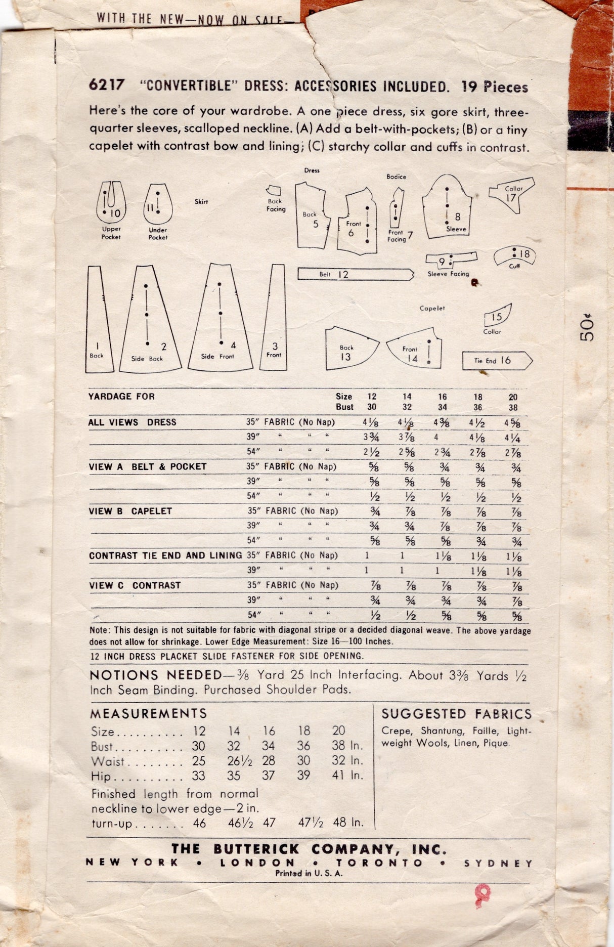 1950's Butterick Convertible Dress Pattern with Capelet, Detachable Collar and Detachable Belt with Pockets - Bust 38" - No. 6217