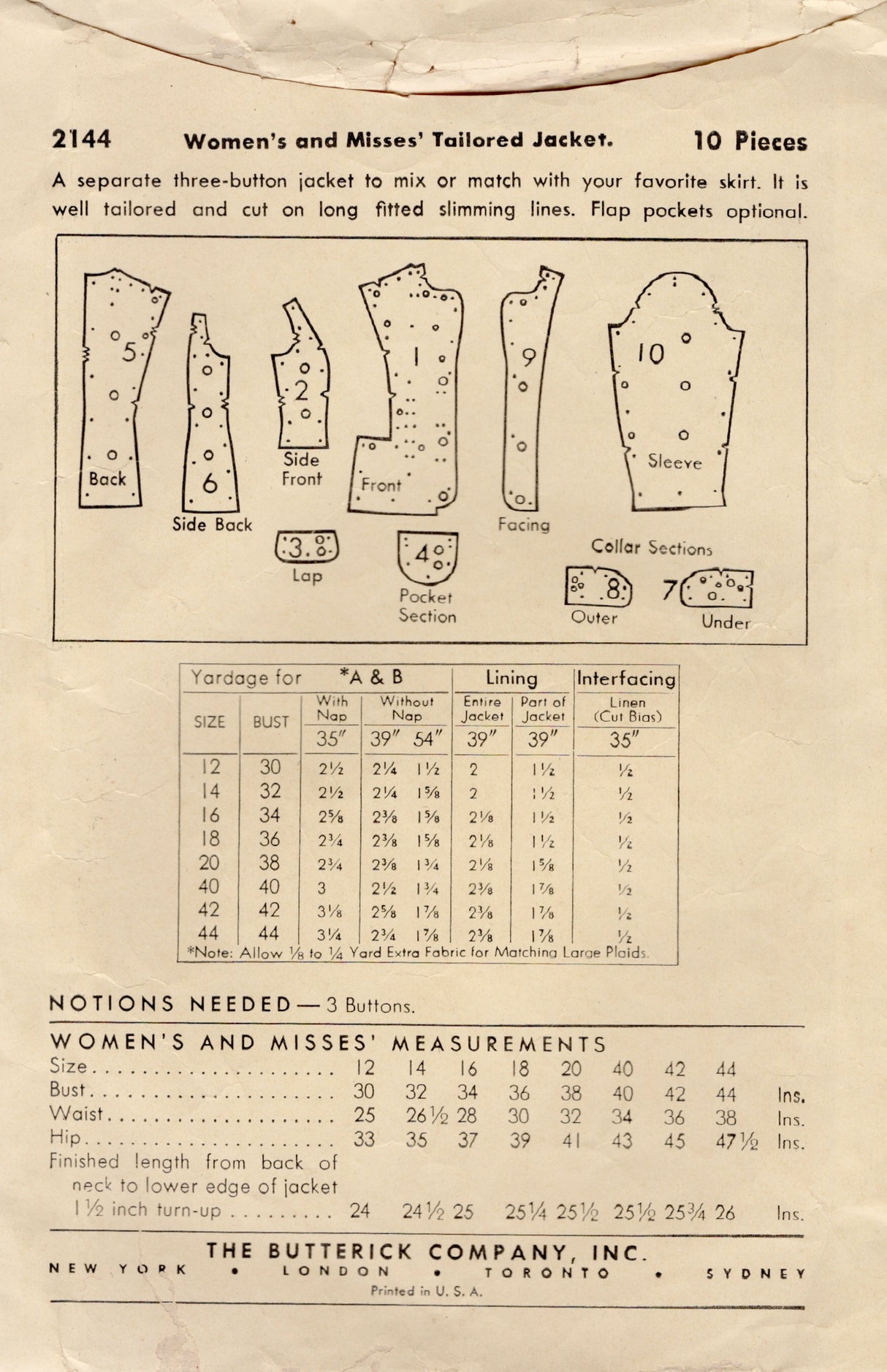 1940's Butterick Single Breasted Jacket Pattern - Bust 34" - No. 2144