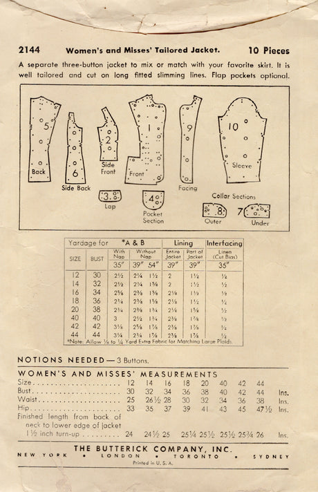 1940's Butterick Single Breasted Jacket Pattern - Bust 34" - No. 2144