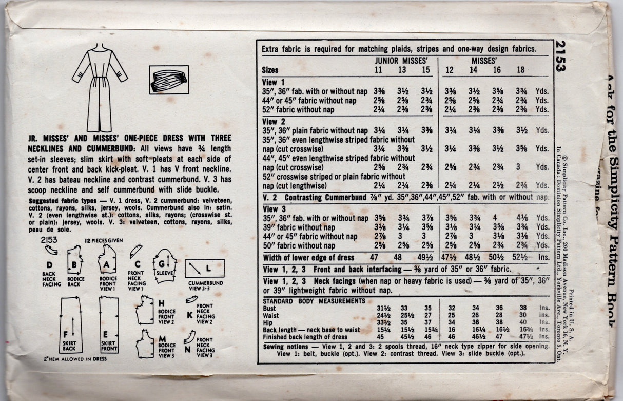 1950's Simplicity  Sheath Dress Pattern with V neck, Boat Neck or Scoop Neck - Bust 34" - No. 2153