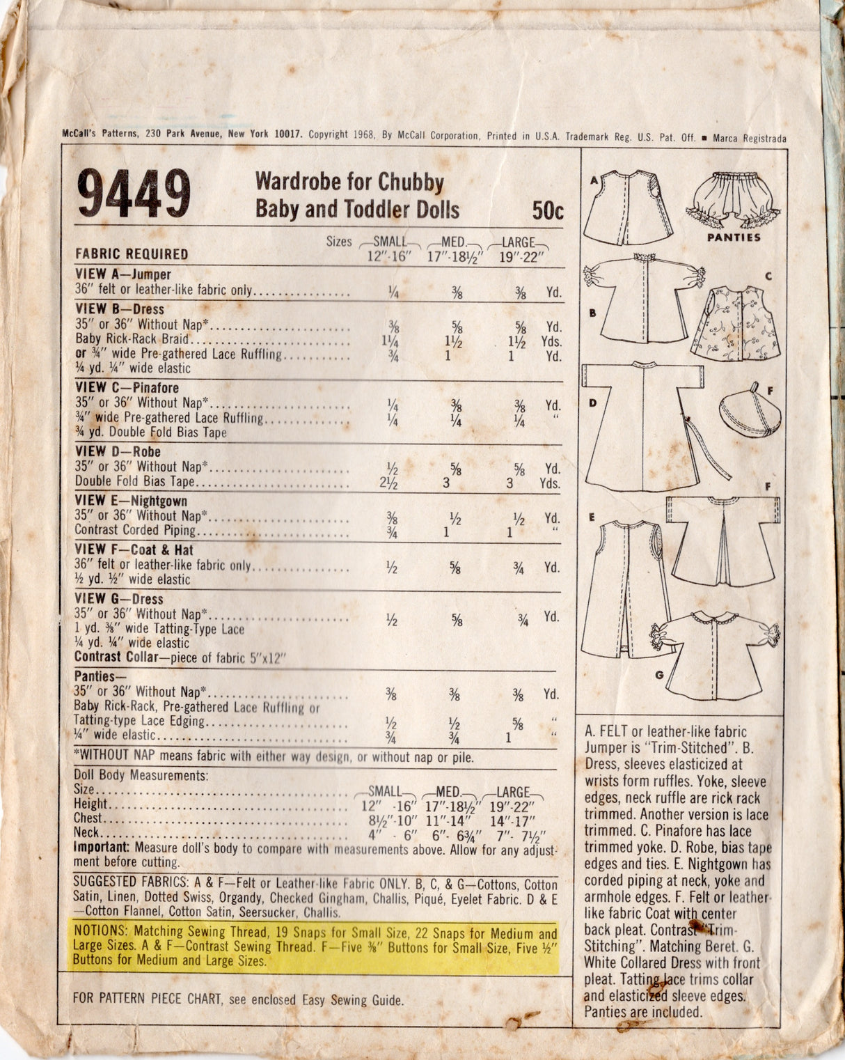 1960's McCall's Doll Clothes Wardrobe Pattern - 19-22" doll - No. 9449