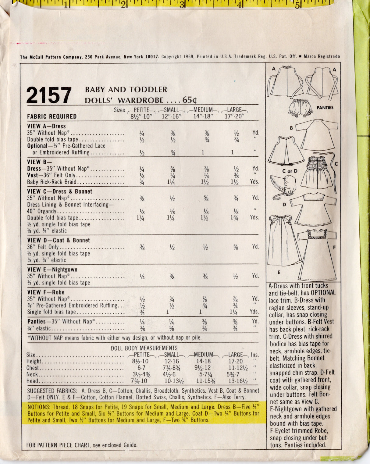 1960's McCall's Doll Clothes Wardrobe Pattern - 12-16" doll - No. 2157