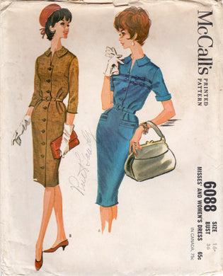 1960's McCall's One Piece Dress Pattern with Shirtwaist or full Button Up - Bust 36