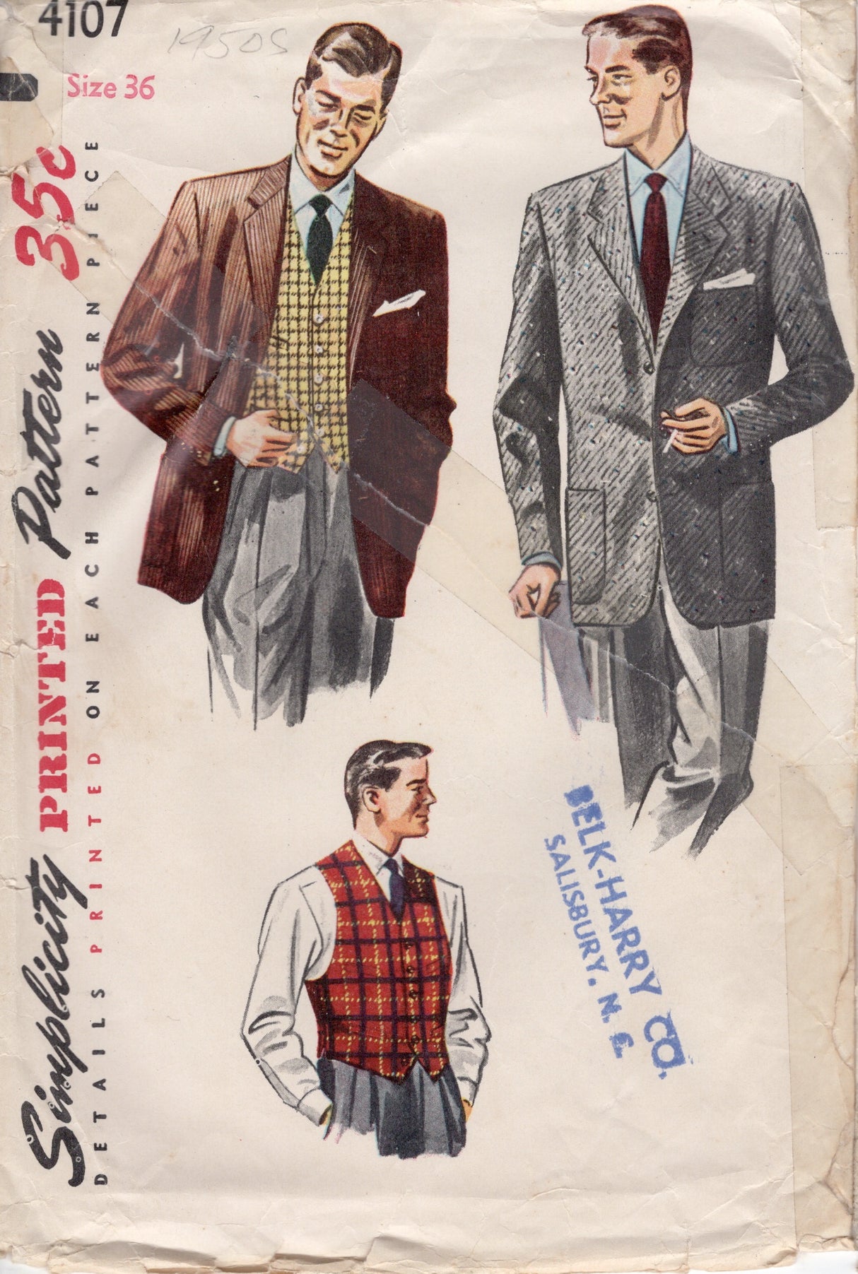 1950's Simplicity Men's Jacket and Vest Pattern - Chest 36" - No. 4107
