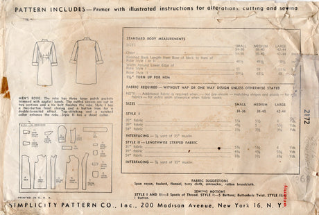 1940's Simplicity Men's Robe Pattern - Chest 38-40" - No. 2172