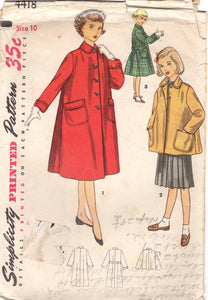 1950's Simplicity Child's Flared Coat Pattern in Two lengths with Patch Pockets - Chest 28" - No. 4418