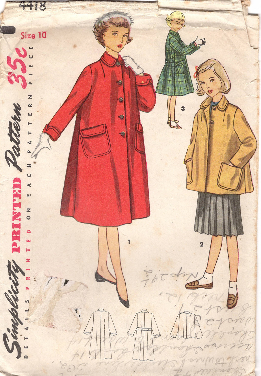 1950's Simplicity Child's Flared Coat Pattern in Two lengths with Patch Pockets - Chest 28