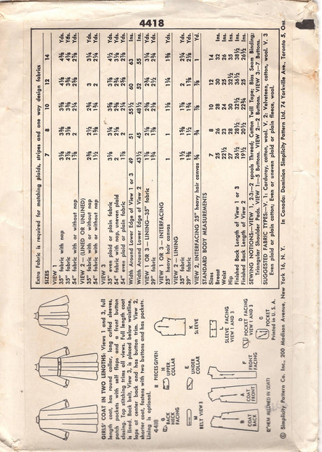 1950's Simplicity Child's Flared Coat Pattern in Two lengths with Patch Pockets - Chest 28" - No. 4418