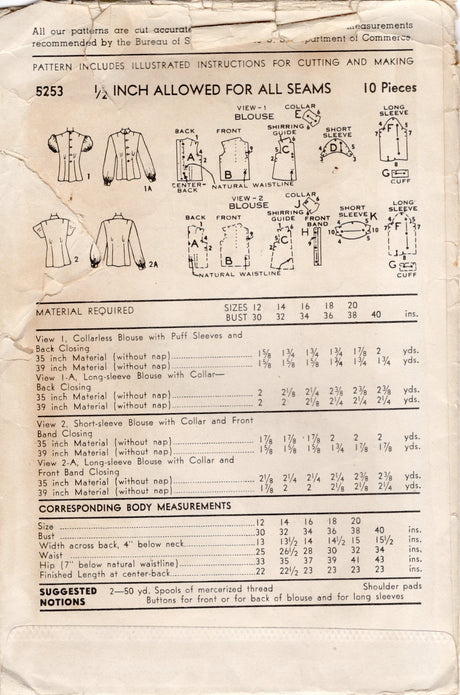 1940's Advance Shirred Button Up Blouse Pattern - Bust 32" - No. 5253