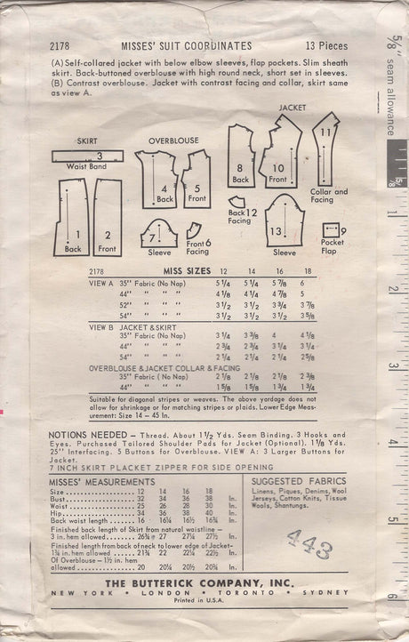 1960's Butterick Suit and Blouse Pattern - Bust 34" - No. 2178