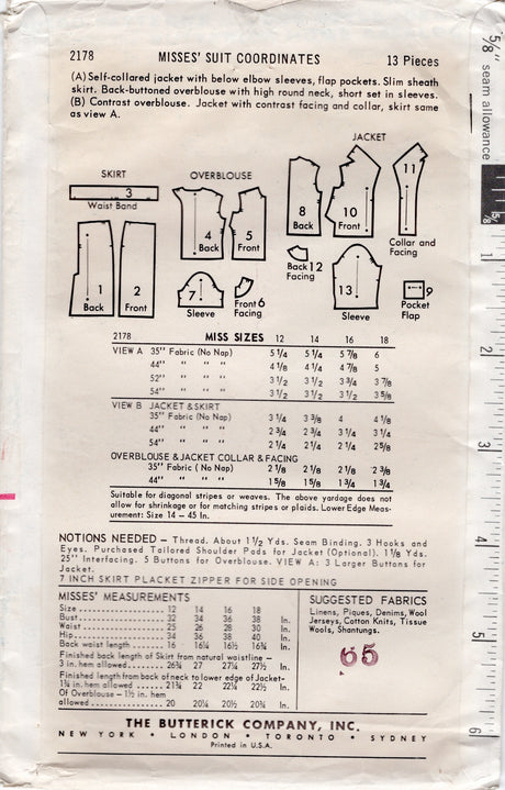 1960's Butterick Suit and Blouse Pattern - Bust 36" - No. 2178