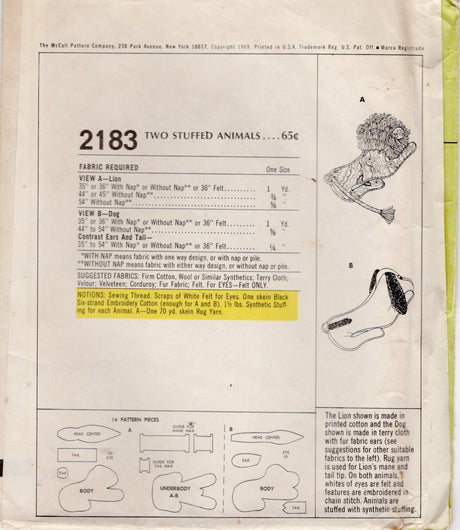 1960's McCall's Lion and Dog Stuffed Animal Pattern - 18” Long - No. 2183